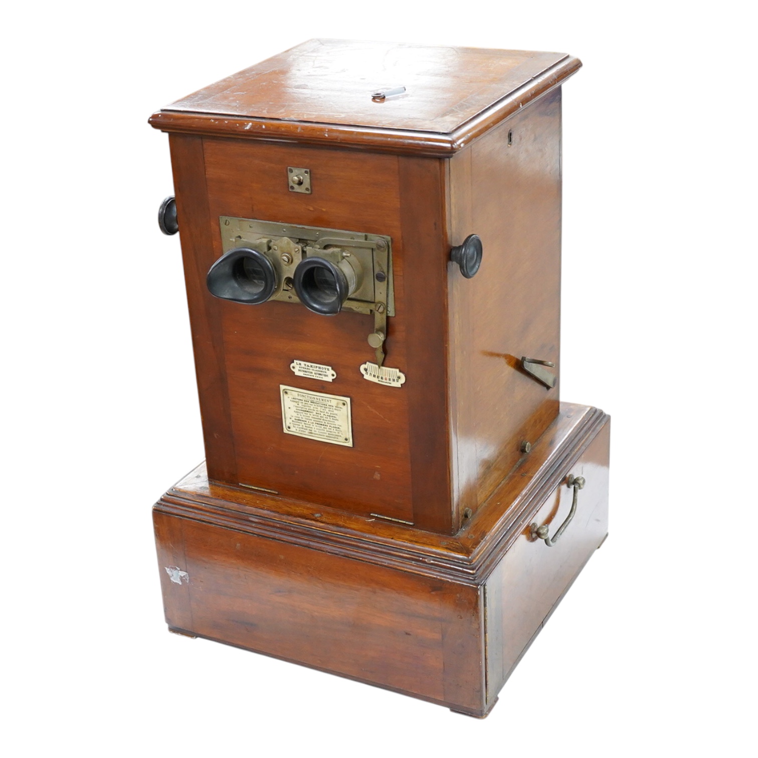 A late 19th century French mahogany Taxiphote stereoscopic table top viewer, 51cm high, 33cm wide